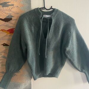 Zara Forest Green Tie-Neck Knit Sweater